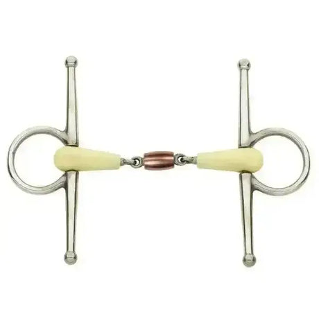 Happy mouth full cheek copper roller bit with silver horsebit, pale yellow rubber mouthpiece, and copper roller joint for excellent bit acceptance
