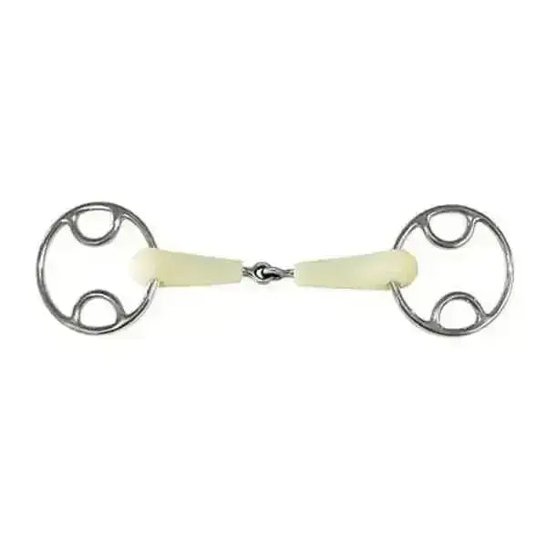 Silver-colored metal happy mouth jointed beval horse bit with pale yellow rubber mouth jointed beval piece and rings