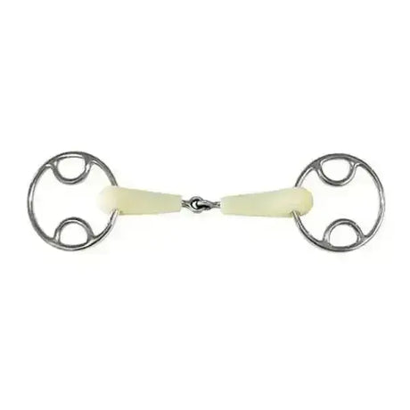 Silver-colored metal happy mouth jointed beval horse bit with pale yellow rubber mouth jointed beval piece and rings
