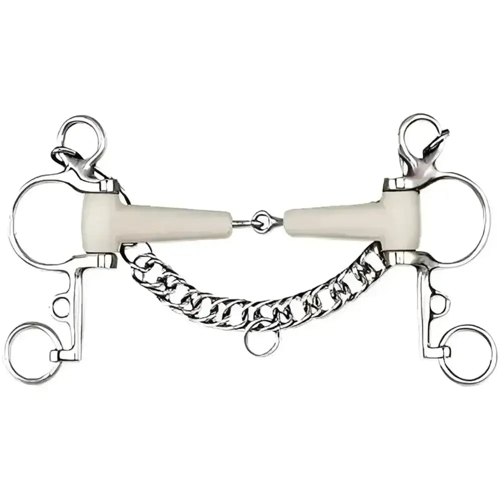 Silver happy mouth jointed pelham bit with cream rubber padding and braided metal chain for gentle control