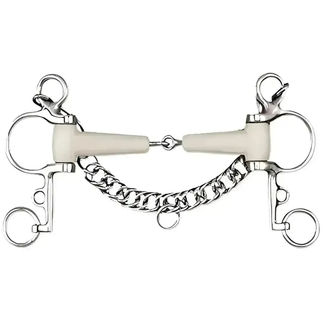 Silver happy mouth jointed pelham bit with cream rubber padding and braided metal chain for gentle control