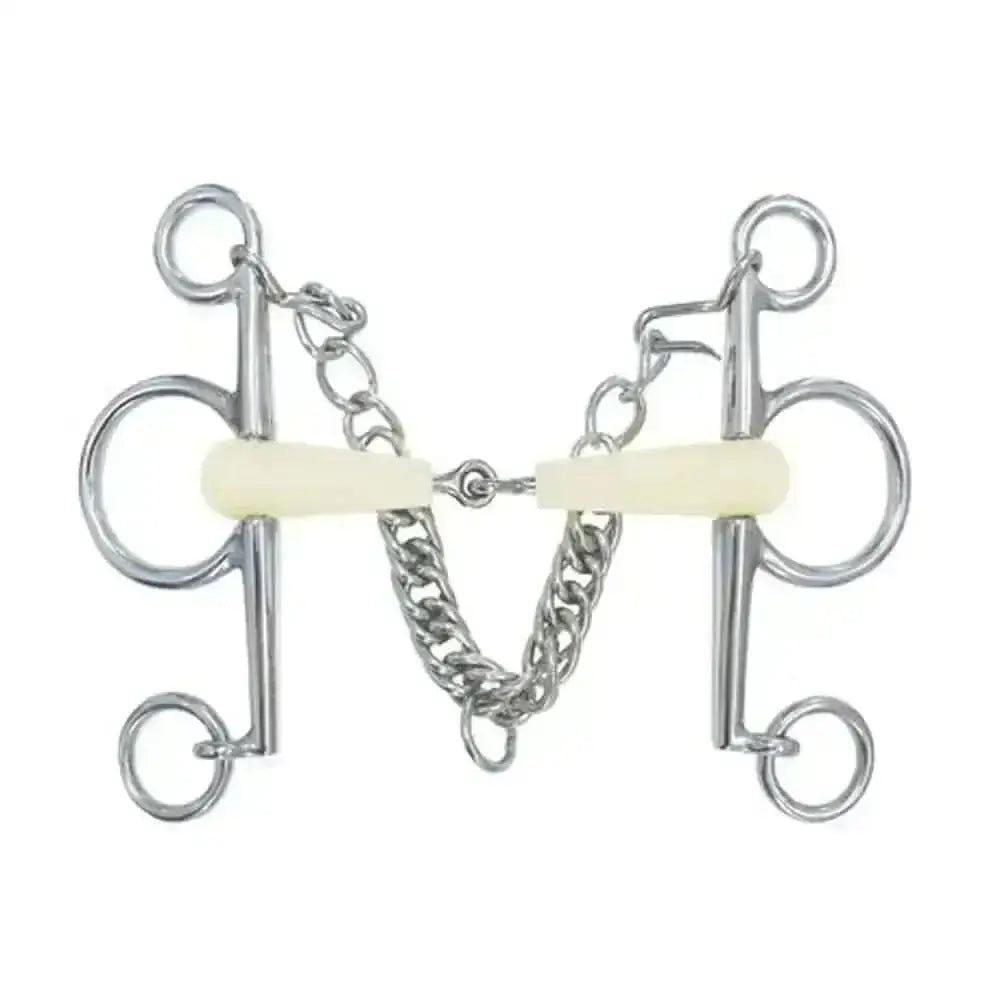 Silver metal happy mouth pelham bit with cream plastic mouthpiece and chain links pelham bits jointed design