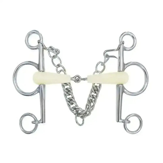 Silver metal happy mouth pelham bit with cream plastic mouthpiece and chain links pelham bits jointed design