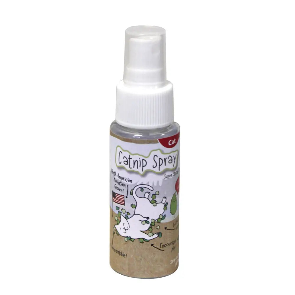 A clear plastic bottle with white spray nozzle labeled happy pet catnip spray featuring natural north american catnip