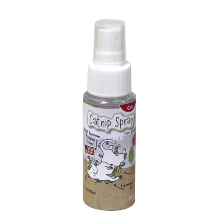 A clear plastic bottle with white spray nozzle labeled happy pet catnip spray featuring natural north american catnip