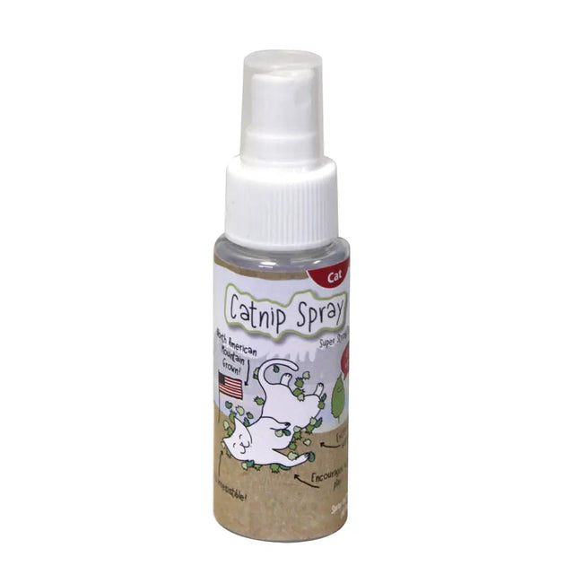 A clear plastic bottle with white spray nozzle labeled happy pet catnip spray featuring natural north american catnip