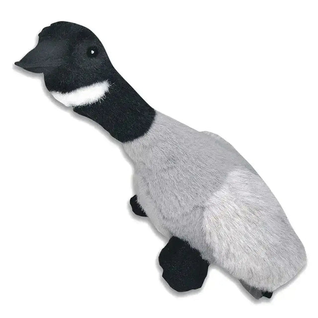 Plush happy pet migrator canada goose med dog toy with black white head gray body and soft fur texture