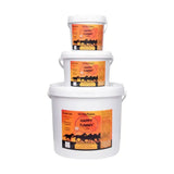 Three white plastic buckets of happy tummy charcoal horse vitamins with orange labels and black horse silhouettes