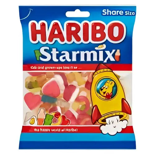 Haribo starmix share size bag of colorful gummy candies shaped like hearts bottles and rockets perfect for equestrian fans and horse lovers