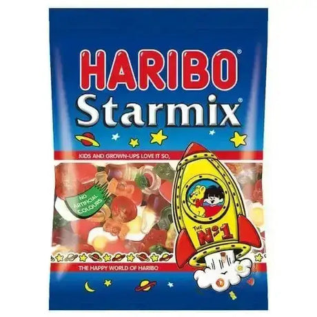 Haribo starmix gummy candy bag with colorful star-themed packaging and a cartoon rocket design perfect for tuck shop snacks and candy chocolate lovers