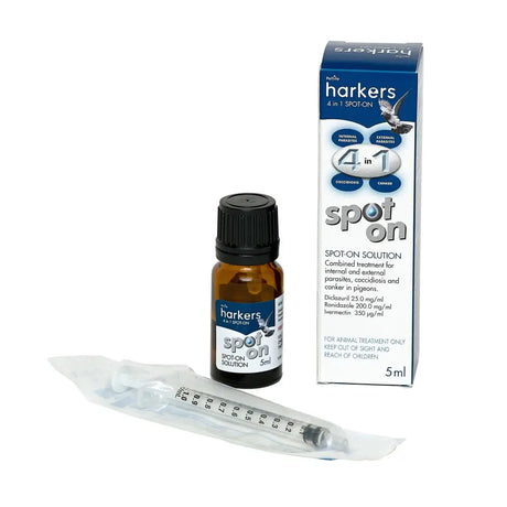 Harkers 4 in 1 spot on amber glass bottle with black cap and box for treating external parasites on racing pigeons and equestrian use