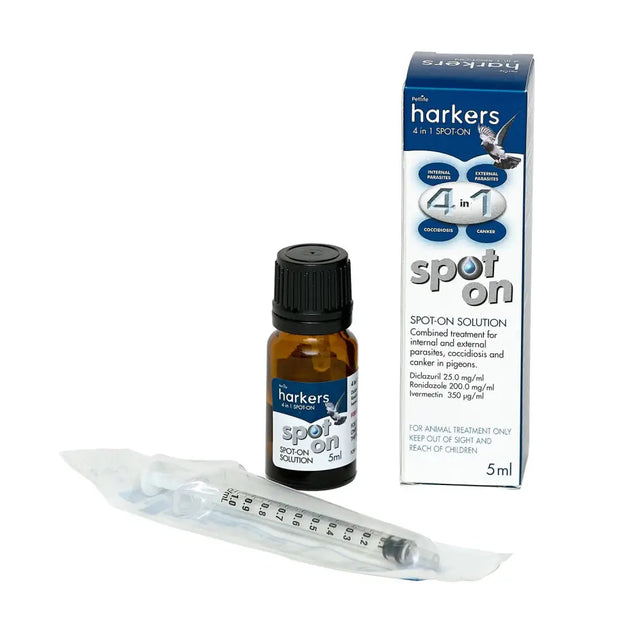 Harkers 4 in 1 spot on amber glass bottle with black cap and box for treating external parasites on racing pigeons and equestrian use