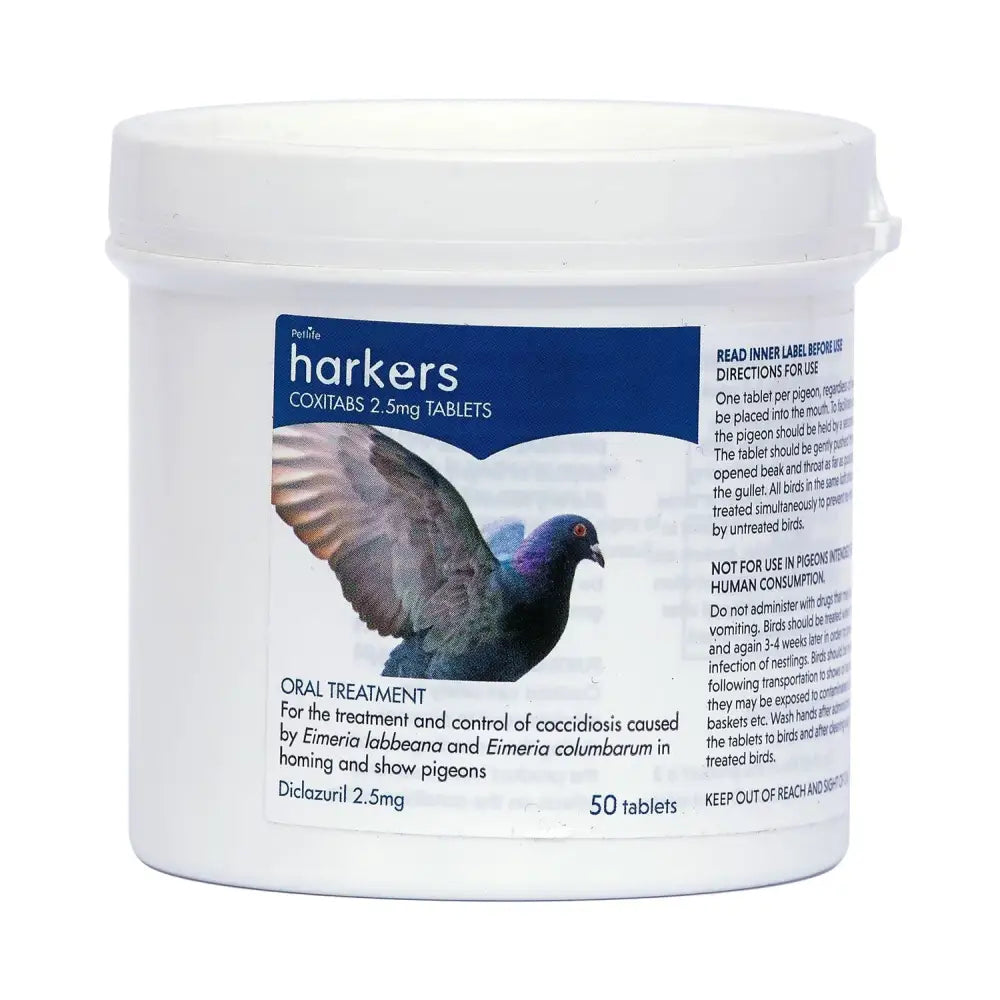 White plastic container of harkers coxitabs 2.5mg tablets with blue label for racing pigeons treatment single tablet use