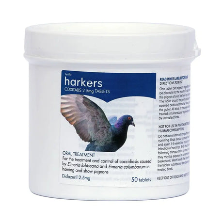 White plastic container of harkers coxitabs 2.5mg tablets with blue label for racing pigeons treatment single tablet use