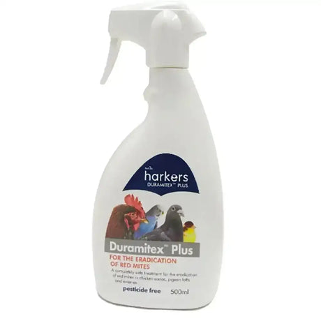 White plastic spray bottle of harkers duramitex plus with blue gray label to control mites and clear mite infestations