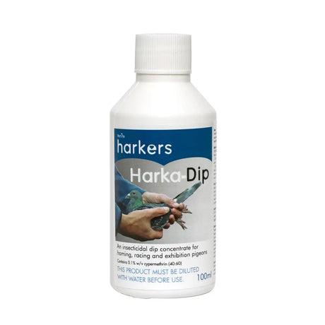White plastic bottle of harkers harka-dip insecticidal dip concentrate to promote good plumage hygiene in pigeons