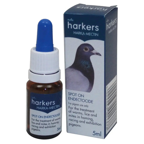 Blue and white dropper bottle of harkers harka-mectin spot on endectocide for racing pigeons and equestrian use