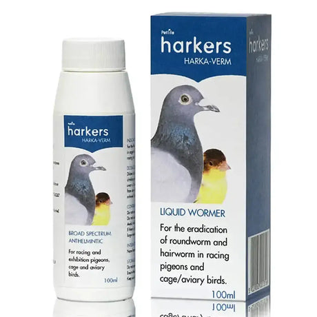 White plastic bottle of harkers harka-verm liquid wormer for pigeons and caged birds use