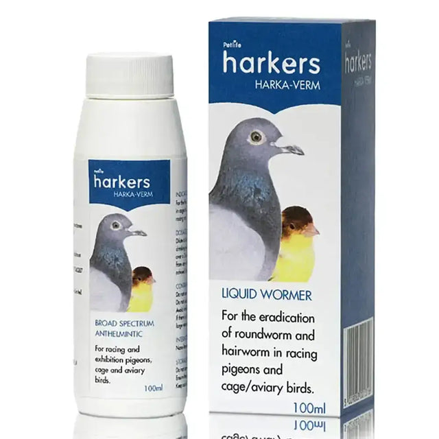 White plastic bottle of harkers harka-verm liquid wormer for pigeons and caged birds use