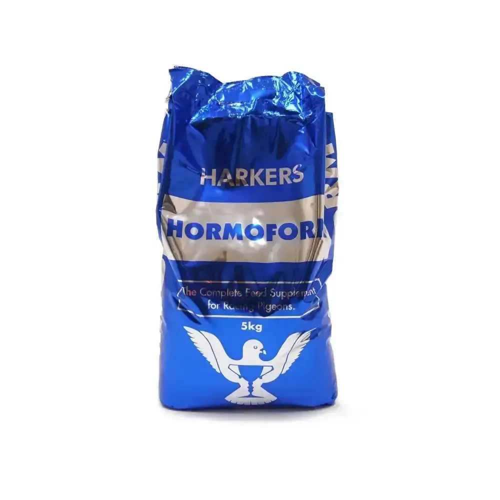 Blue harkers hormoform 5kg shiny plastic bag with white dove logo complete supplementary feed for racing pigeons diet