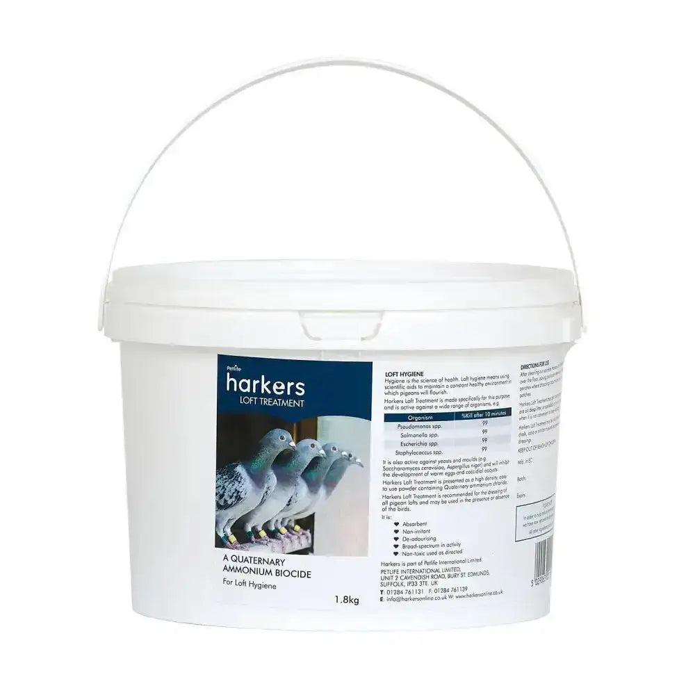 White plastic bucket with handle and label for harkers loft treatment 1.8kg dry powder disinfectant for disease causing organisms