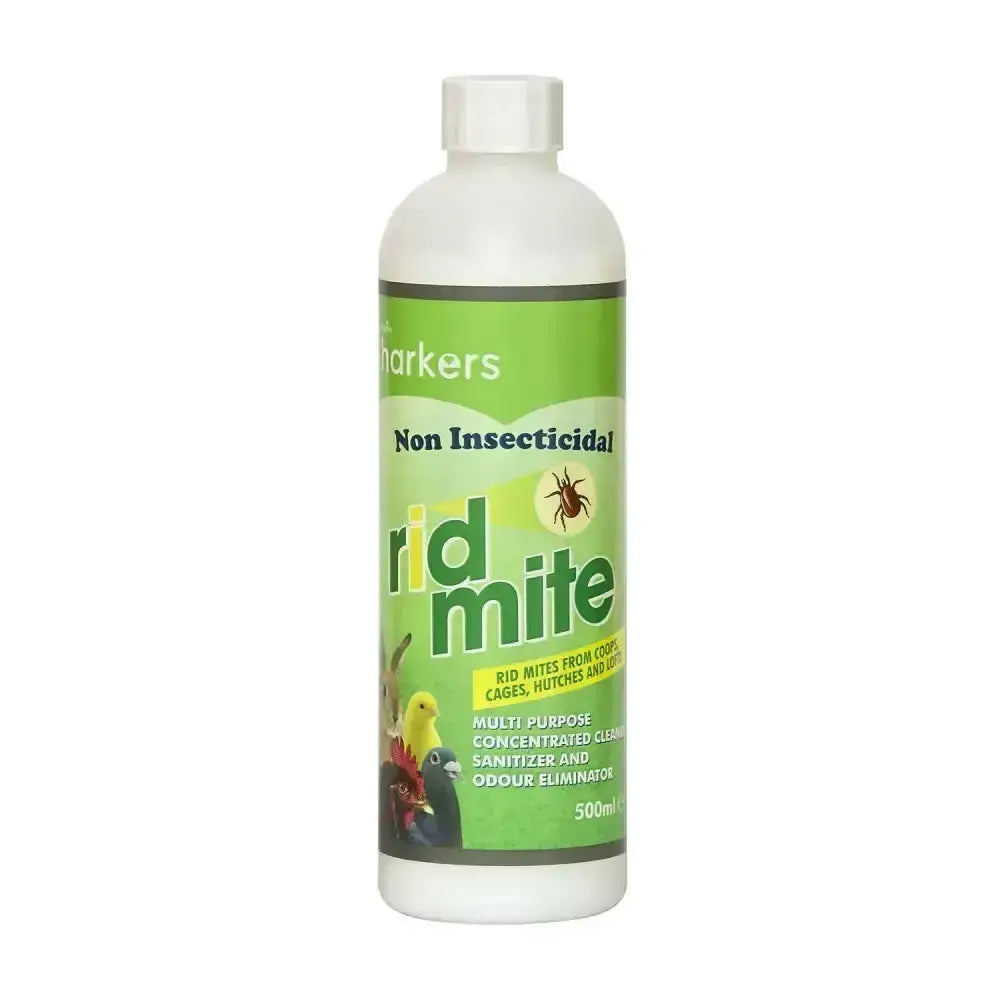 A white plastic bottle of harkers ridmite with green label featuring a concentrated formula to eradicate red mite in bird cages