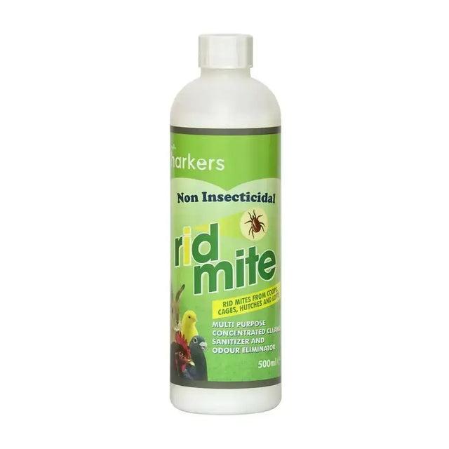 A white plastic bottle of harkers ridmite with green label featuring a concentrated formula to eradicate red mite in bird cages