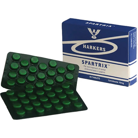 Blue and white harkers spartrix box with green tablets in black blister packs for racing pigeons treatment single tablet treatment