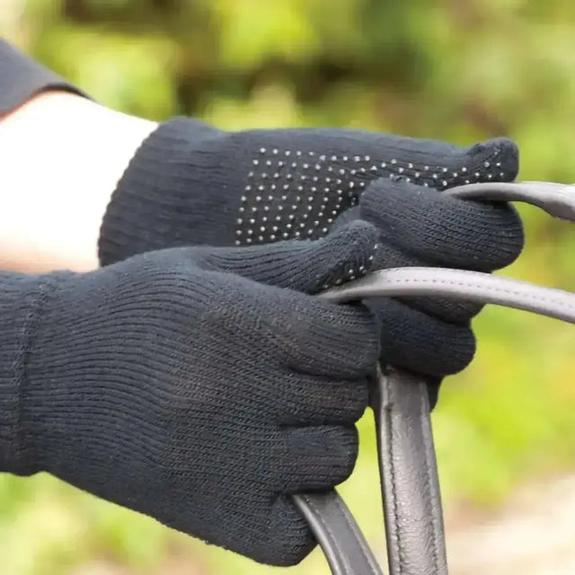 Harlequin adult size black knitted work gloves with white pimple grip palm dots for secure handling