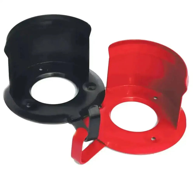 Harlequin bridle hook with black and red plastic cup holders featuring circular cutouts and attached handles for horse tack