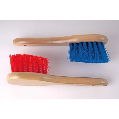 Two wooden handled harlequin bucket brushes with red and blue bristles for easy cleaning use
