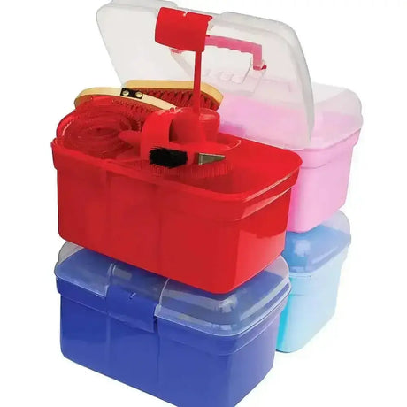 Red plastic horse shoe shining kit with clear lid and handle in harlequin childrens complete grooming kit with rubber curry comb