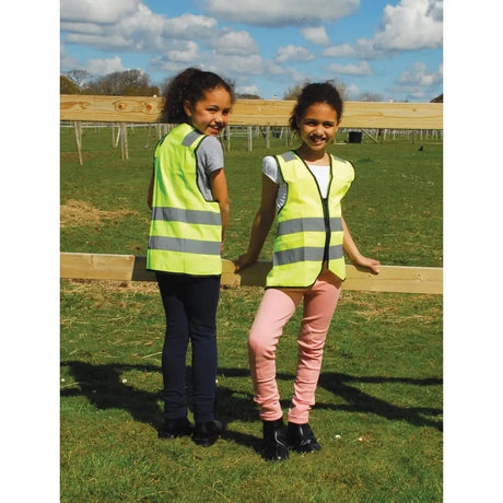 Bright yellow harlequin childs hi-viz tabard with zip featuring reflective gray stripes for equestrian safety