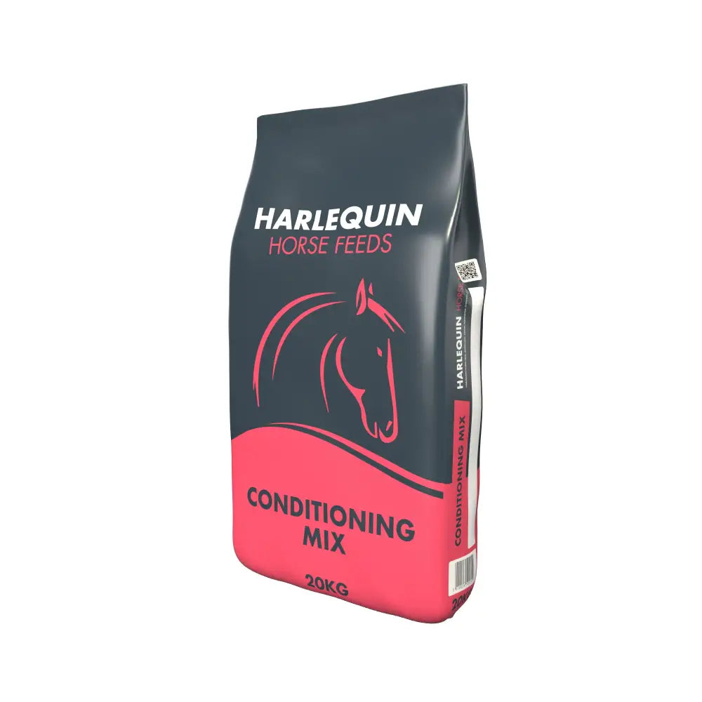 Harlequin conditioning mix 20 kg horse feed in dark gray and pink bag with red horse silhouette for conditioning mix