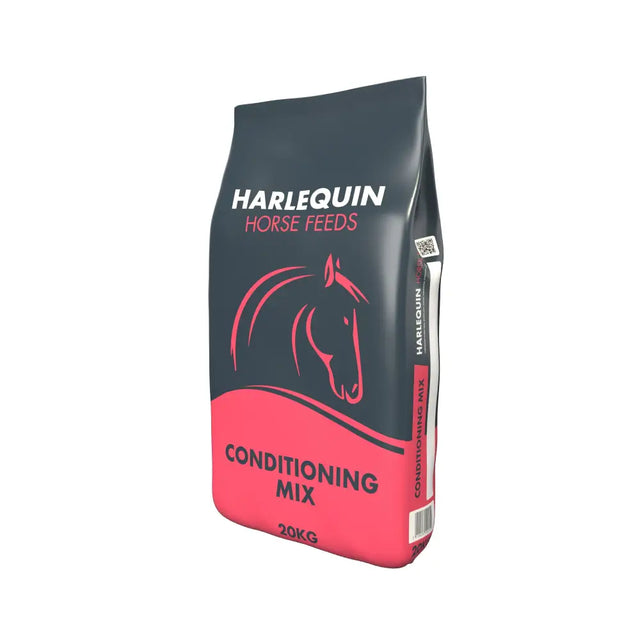 Harlequin conditioning mix 20 kg horse feed in dark gray and pink bag with red horse silhouette for conditioning mix