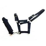 Black nylon harlequin headcollar with adjustable headpiece and matching standard cotton braided rope lead rope set