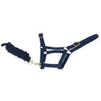 Navy blue harlequin headcollar with adjustable headpiece and matching standard cotton lead rope attached