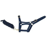 Navy blue harlequin headcollar with adjustable headpiece and matching standard cotton lead rope attached