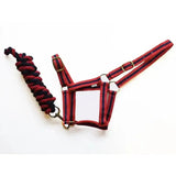 Red and navy harlequin headcollar with adjustable headpiece and matching standard cotton lead rope for ponies