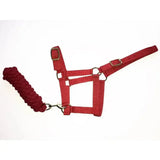 Red nylon harlequin headcollar with adjustable headpiece and matching standard cotton braided lead rope set