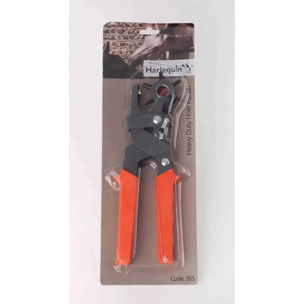 Orange-handled harlequin heavy duty hole punch in clear plastic packaging for leather work and saddlery alterations
