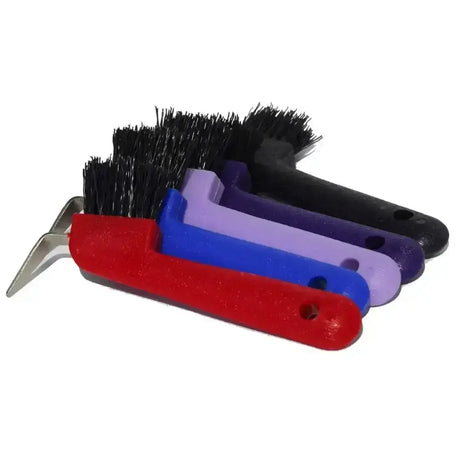Set of five colorful plastic handled harlequin hoof pick brushes with black bristles and metal scraper ends