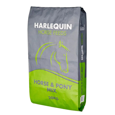 Harlequin horse and pony mix 20 kg feed bag with gray lime green design and stylized horse silhouette for equestrian use