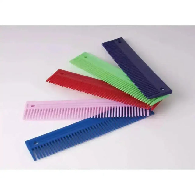 A set of five mixed coloured long plastic mane combs in red pink green blue and dark blue for strong plastic mane care