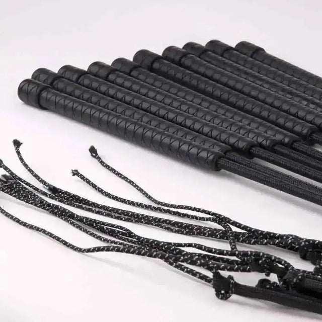 Black leather harlequin lunge whips pack of 10 with textured grips and braided rope tails for quality lunge whip use