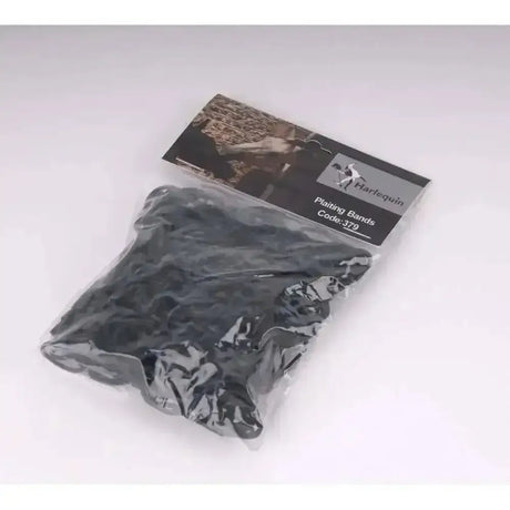 Black harlequin plaiting bands made from sturdy rubber band material for securing horse’s hair in a clear package