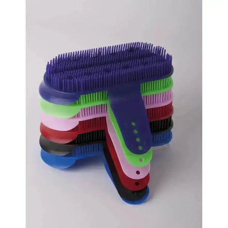 Stack of colorful harlequin plastic curry combs in assorted hues for grooming horses bulk buy 6 pack