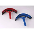 Red and blue harlequin plastic sweat scraper brushes with black rubber blades and smooth plastic edge for grooming