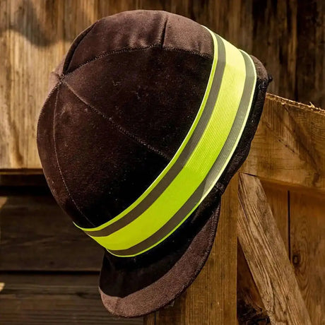 Brown suede harlequin reflective hat with neon yellow high visibility elasticated reflective hat band