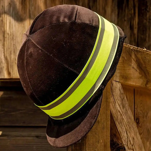 Brown suede harlequin reflective hat with neon yellow high visibility elasticated reflective hat band